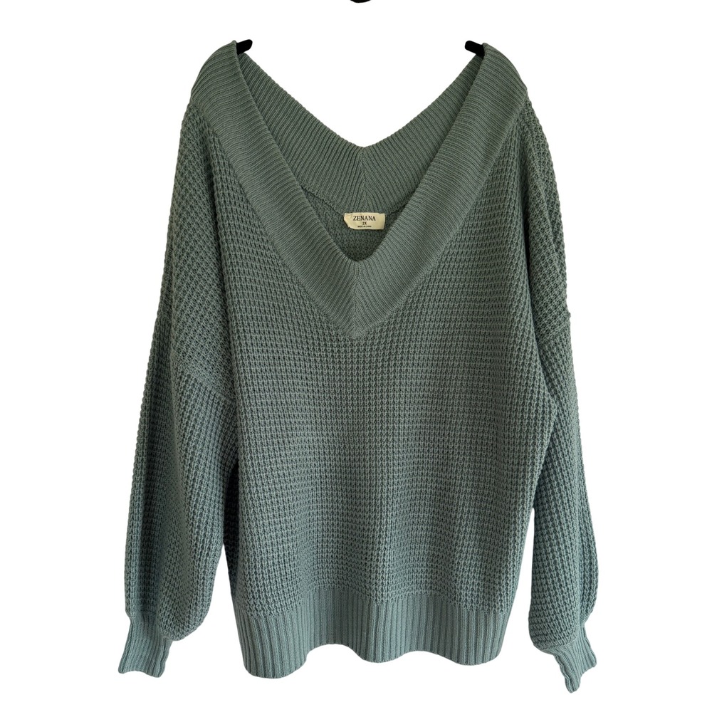 Zenana Womens 2X Sage Green Waffle Knit Oversized V-Neck Sweater TW-3418XBA